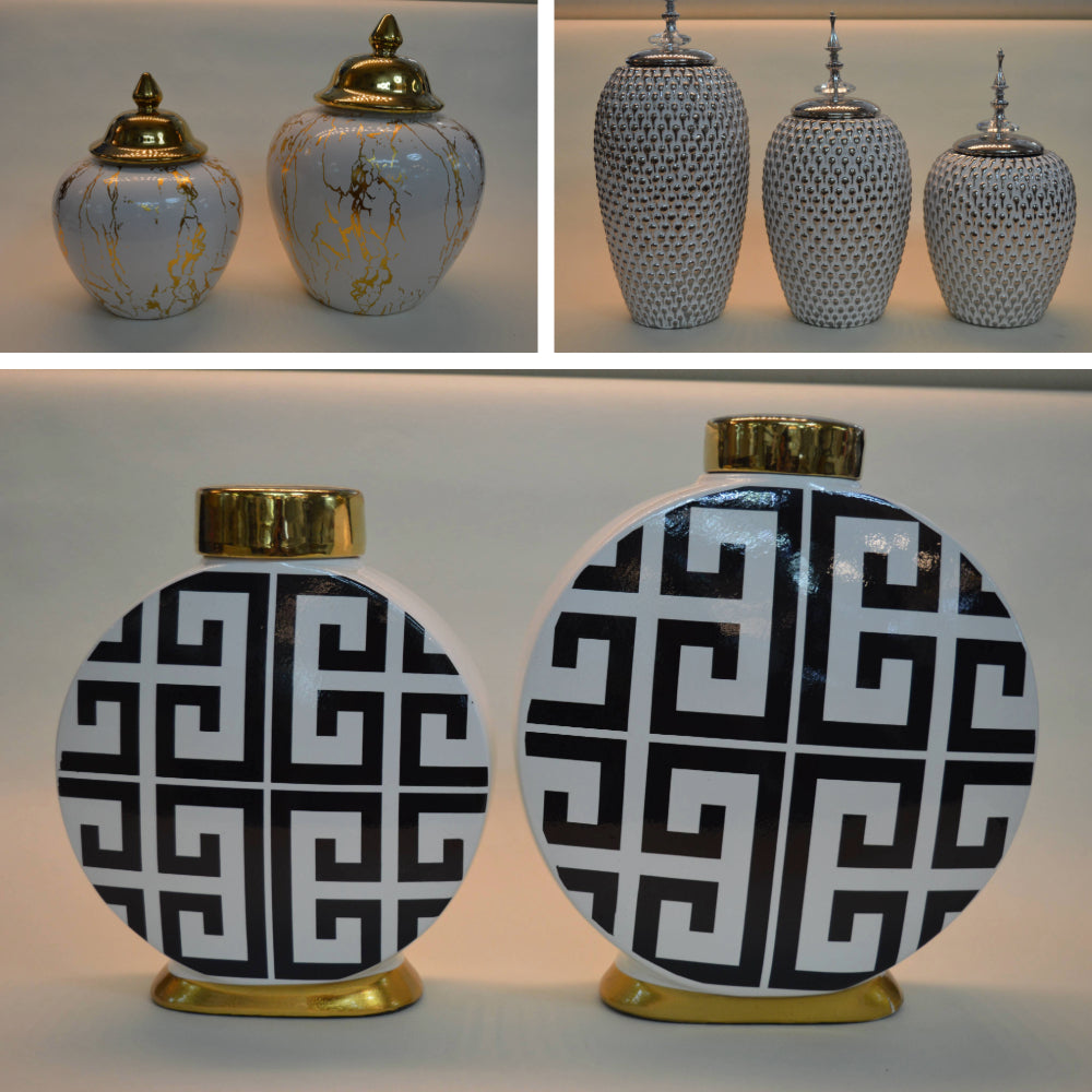 Ceramic Set of 3pcs Ginger/Candy Jars in Silver &amp; Gold Colors