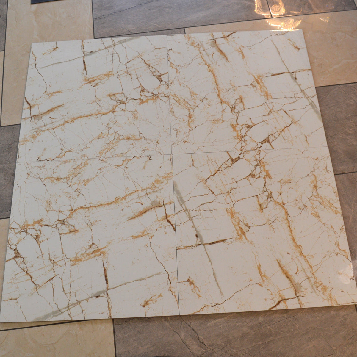 Cream with Gold Marble Effect Glossy Porcelain Tiles Wall &amp; Floor Tiles-600*600*10.5mm-B6104-polished