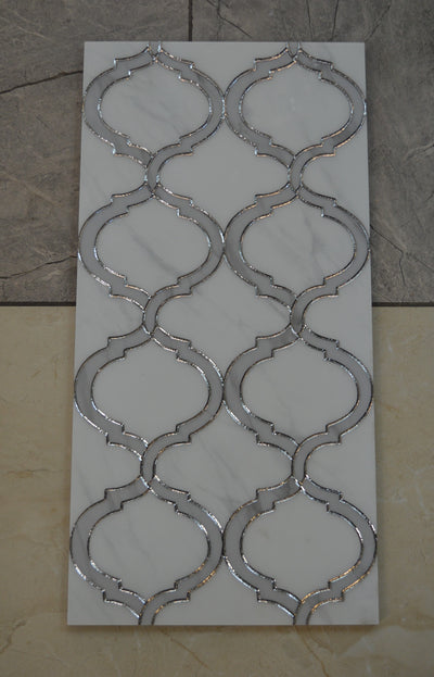 Porcleain Decor Tiles in large Greyscale with silver trim | 1 sheet 60 x 30 cm | 6 tiles 1 sqm