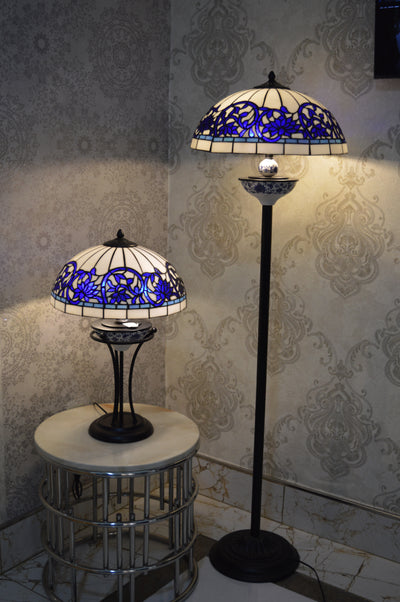 Handmade White and Blue Round Glass shade Tiffany Table Lamp & Floor Lamp