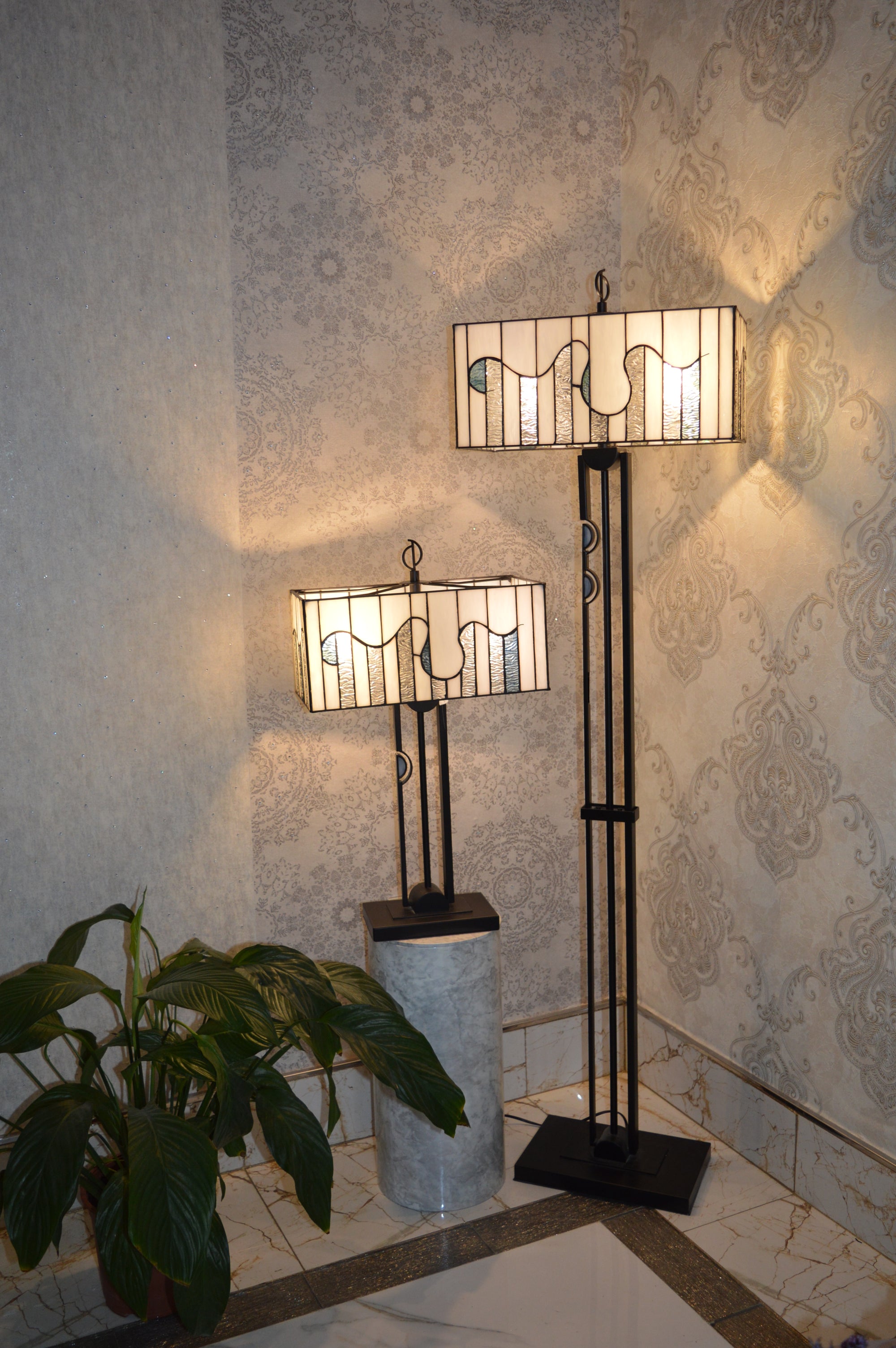 Handmade Brown & White shade Tiffany Table Lamp & Floor Lamp