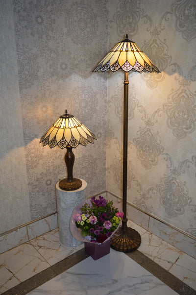 Handmade Bown & White shade Tiffany Table Lamp & Floor Lamp