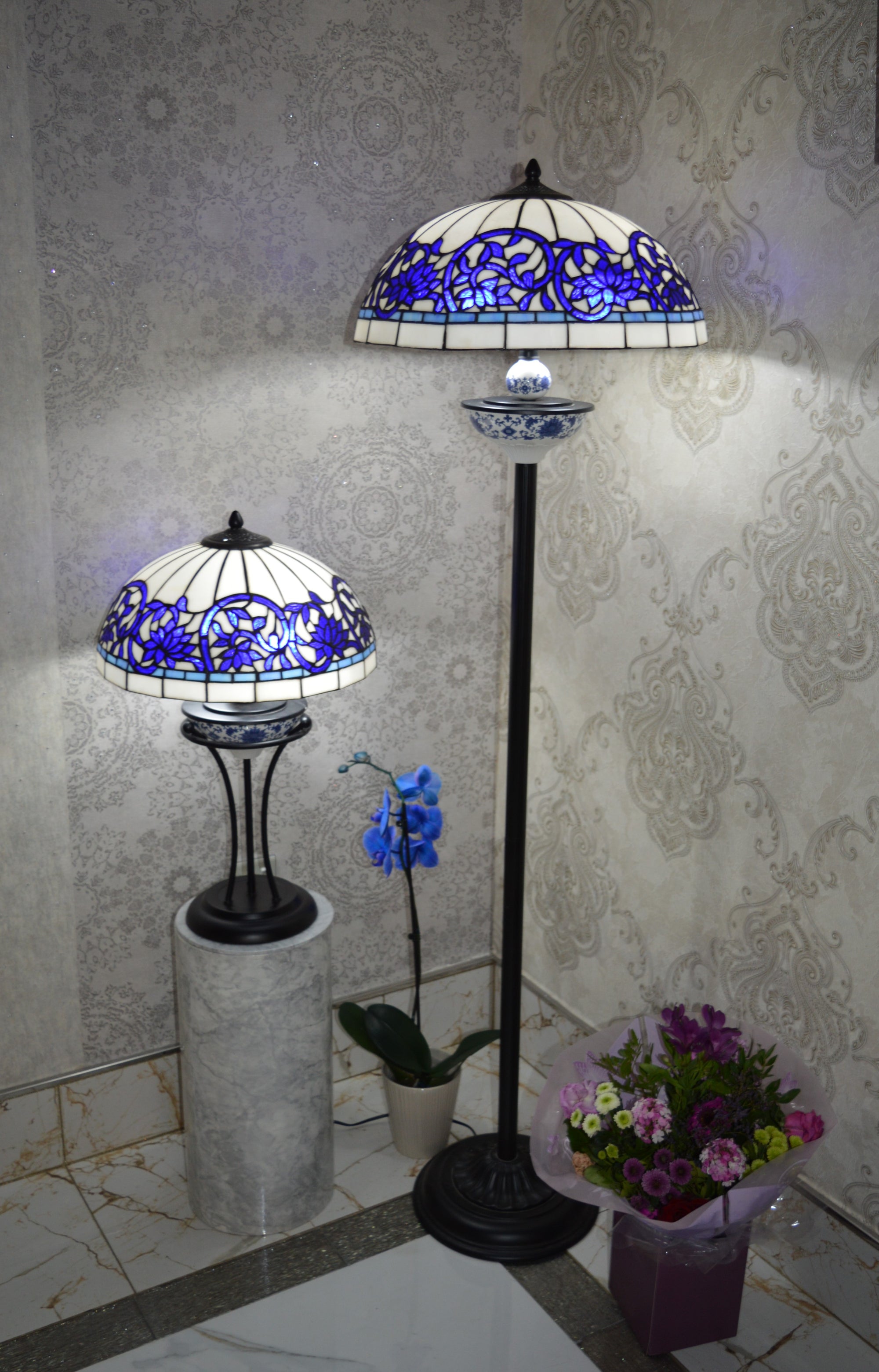 Handmade White and Blue Round Glass shade Tiffany Floor Lamp & Table Lamp