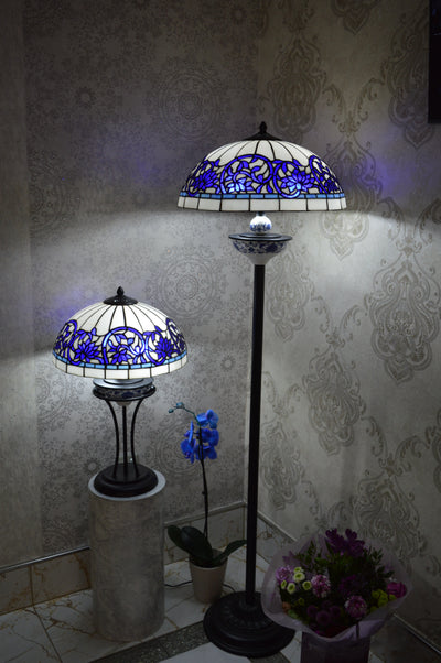 Handmade White and Blue Round Glass shade Tiffany Table Lamp & Floor Lamp